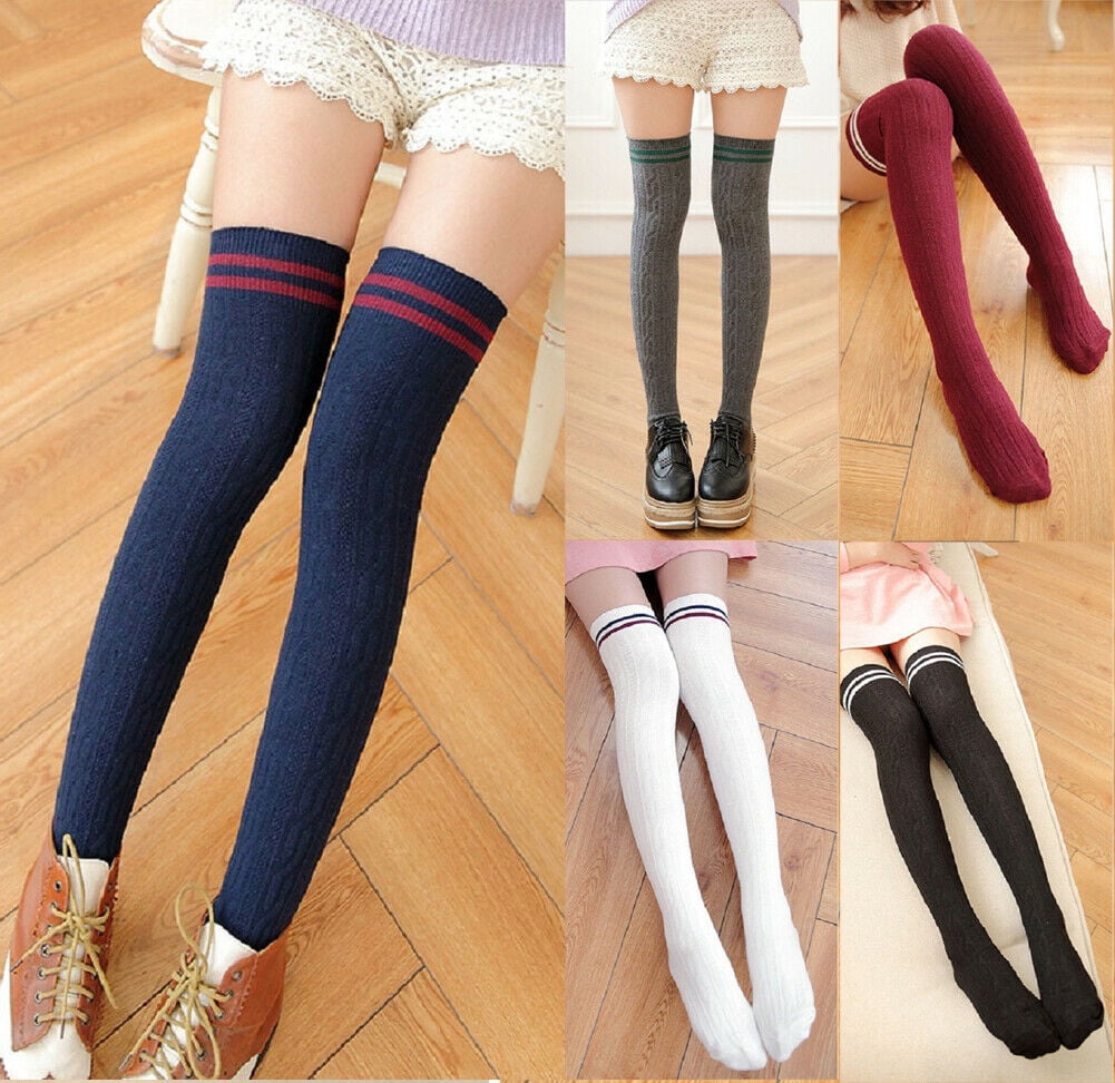 Women Knit Cotton Over The Knee Long Socks Striped Thigh High Stocking