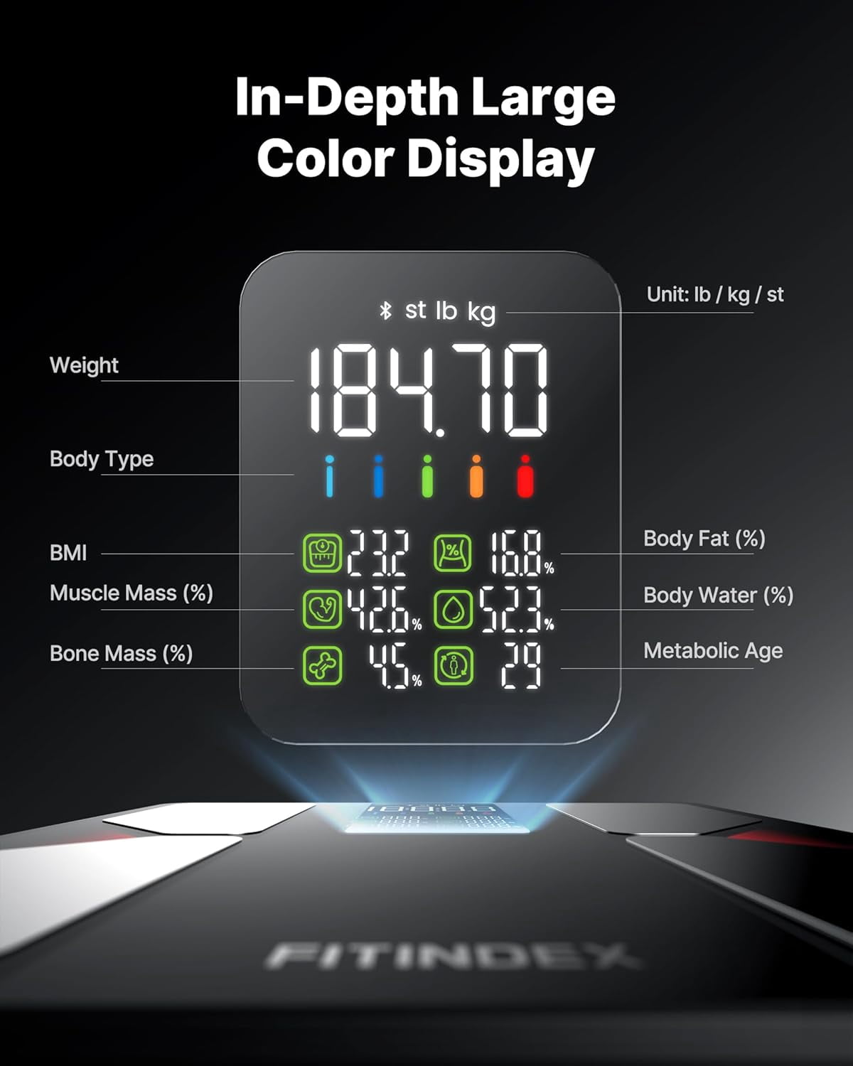 FITINDEX Smart Scale with BMI, Body Fat, Muscle Mass, Scale for Body Weight and Fat Percentage, High Accurate Bluetooth Scale with Large Display, 13 Body Composition Analyzer Sync App, 500lbs, 11.8"