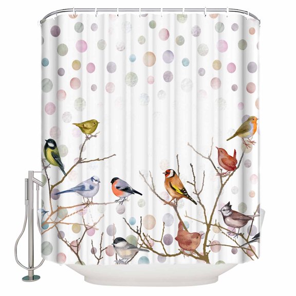 Fabric Shower Curtain, Watercolor Red Green Birds in Branches White Shower Curtains with 12 Hooks Waterproof Machine Washable Bath Curtains for Bathroom, 48x 72in