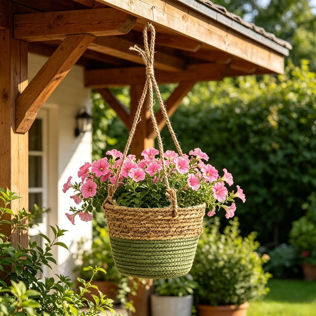 Cesta colgante para plantas con forro de plástico, cuerda de yute tejida, macetero de pared para interior y exterior para plantas en maceta, cesta decorativa de almacenamiento, 20 cm de diámetro
