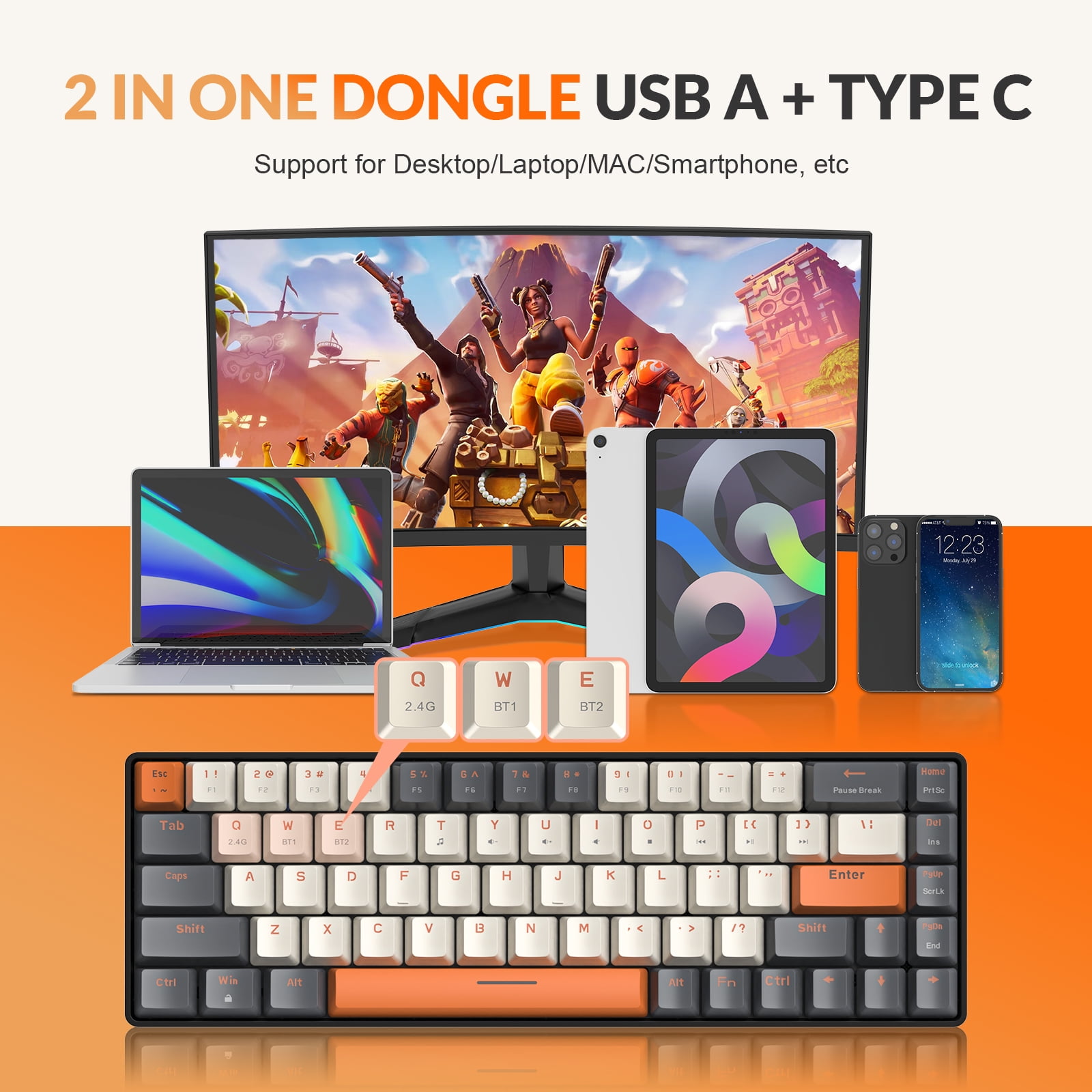 K68 60% Wireless Mechanical Keyboard, Bluetooth 5.0/2.4GHz 68 Keys Hot Swappable Red Switch for PC