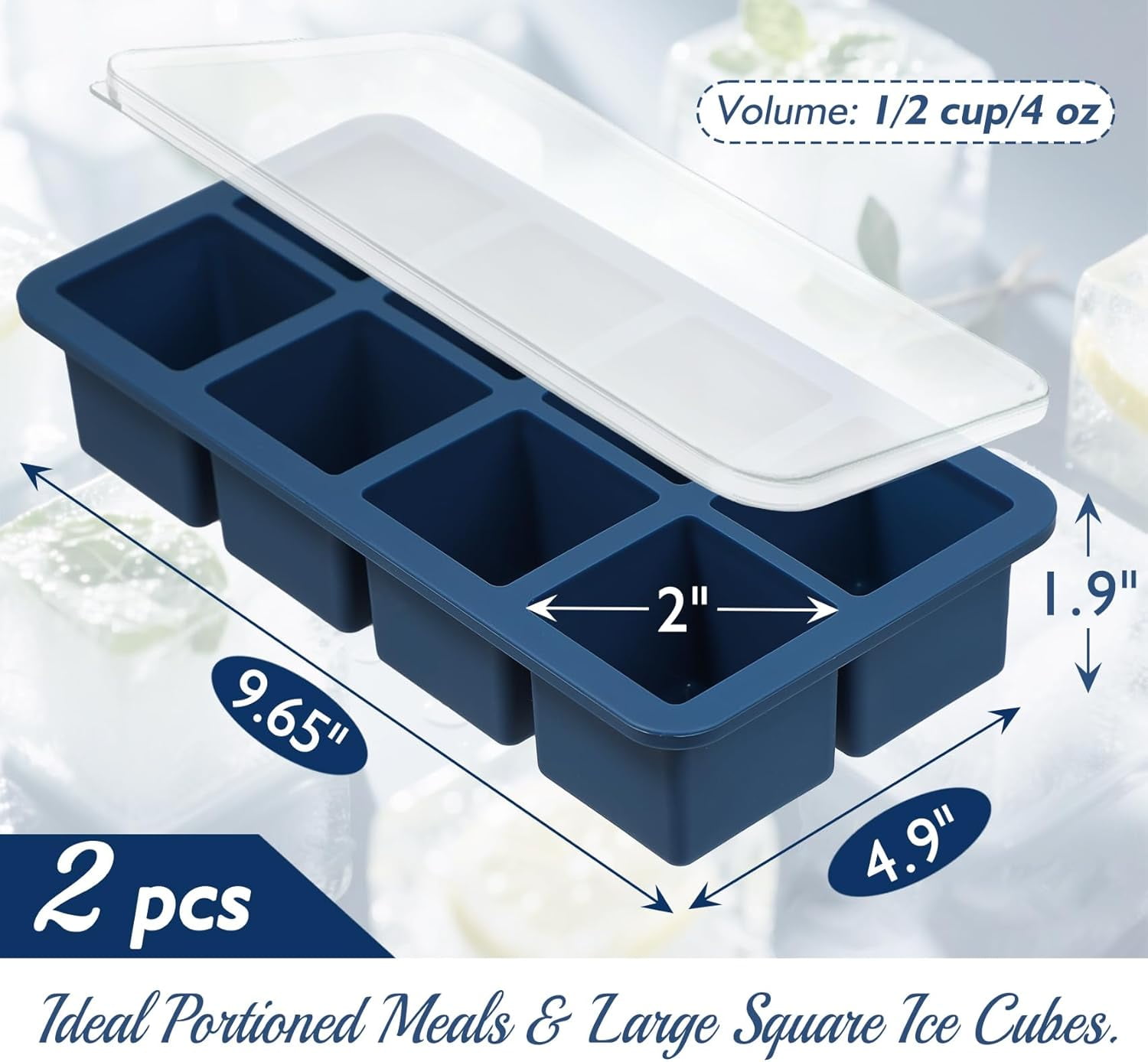 1/2 Cup Silicone Freezer Tray with Lids, 8-Grid Square Ice Cube Mold, Ideal for Prep & Portion, Large Ice Cube, Storage Soup, Snack, Broth, Leftovers, Pack of 2