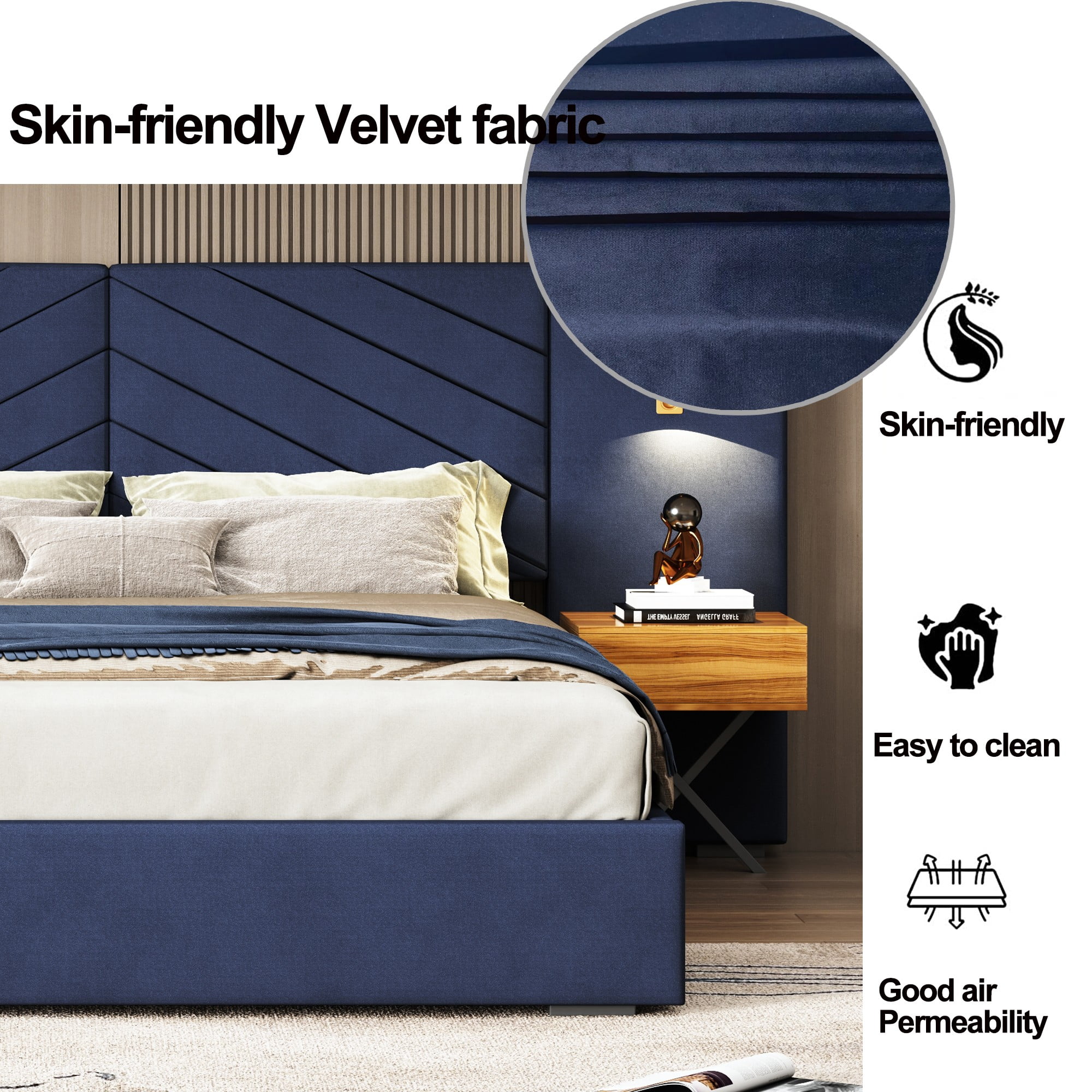 Aukfa Queen Size Upholstered Bed Frame with Nightstands and LED Lights, Platform Bed with Oversize Wingback Headboard, Blue