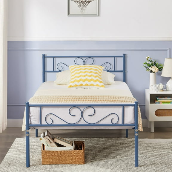 VECELO Twin Size Metal Platform Bed Frame with Modern Headboard & Footboard, No Box Spring Needed, Blue