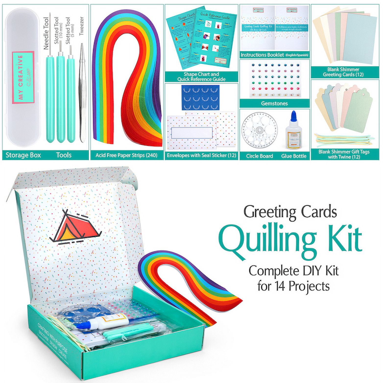 MY CREATIVE CAMP Greeting Cards Quilling Kit with Bonus Gift Tags - DIY Craft Kit for Kids and Adults