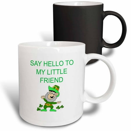

3dRose say hello to my little friend picture of leprechaun green lettering Magic Transforming Mug 11oz