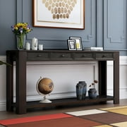 Retro Style Console Table for Entryway Hallway Sofa Table with 4 Storage Drawers and Bottom Shelf