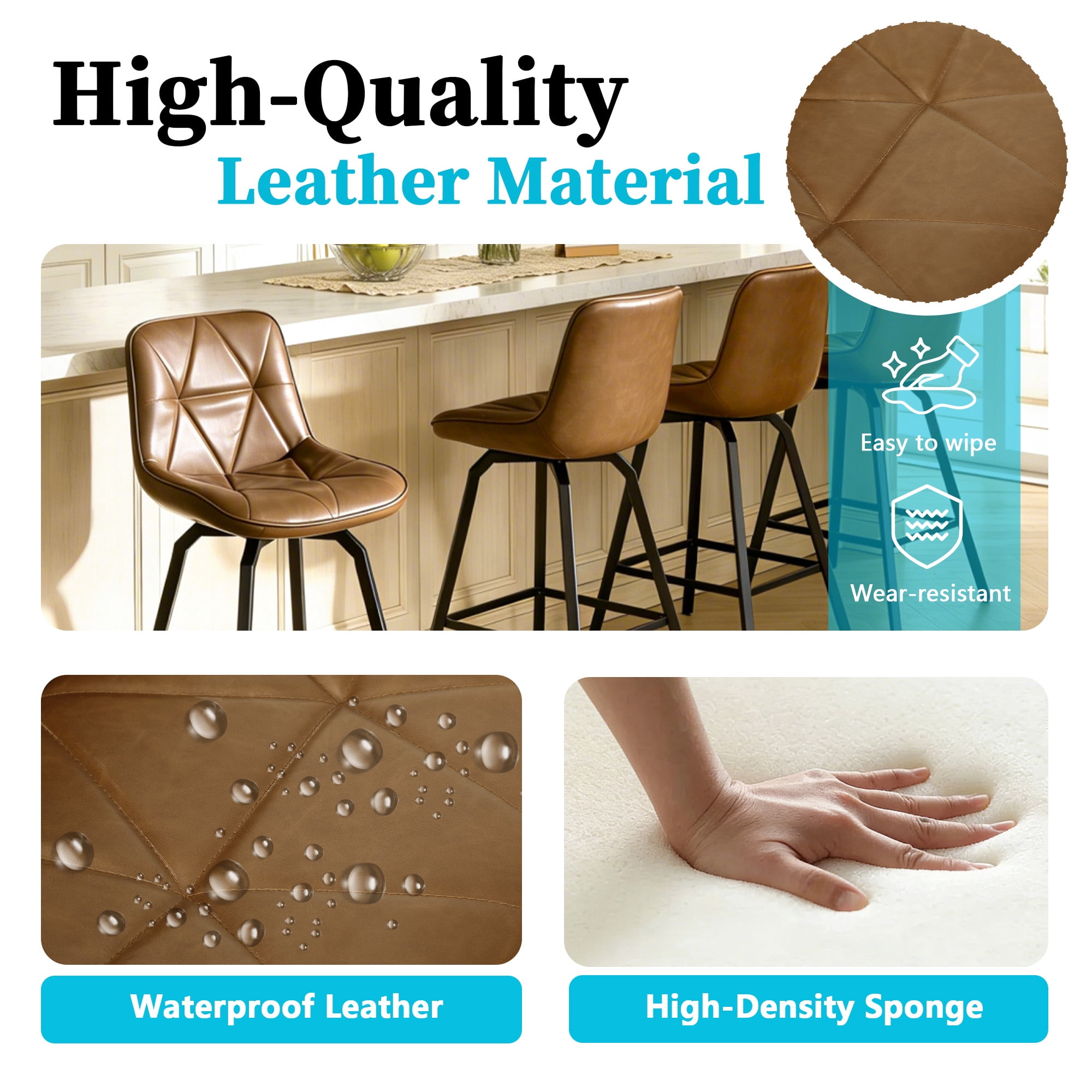 ClinQ 26 inch Swivel Counter Height Bar Stool Set of 3, Faux Leather Seat with Metal Legs and Back, Darkbrown