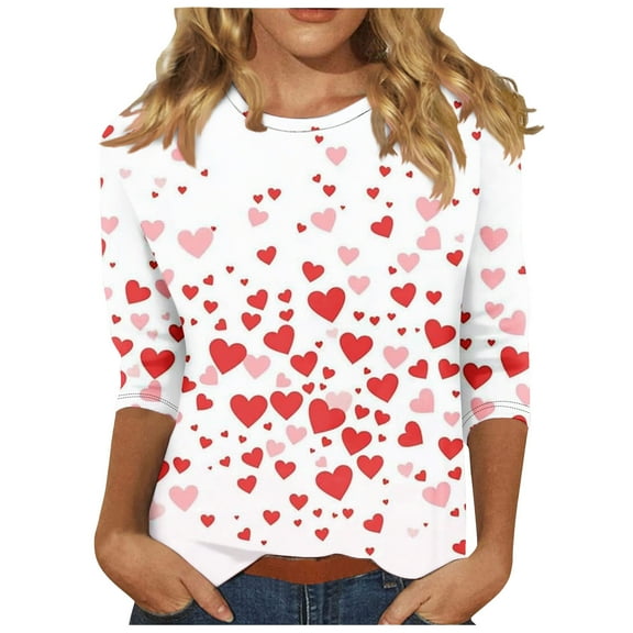 Women's Valentine's Day Shirts Loose 3/4 Sleeve Heart Print T-Shirt Loose Blouses Crew Neck Three-quarter Sleeve Pullover Top