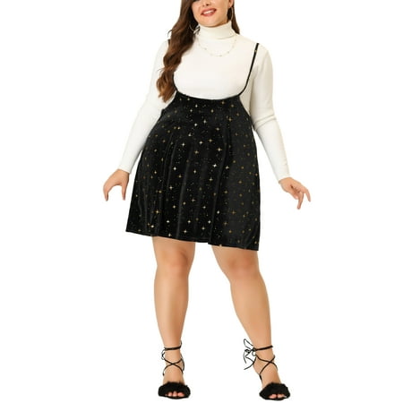 MODA NOVA Juniors Plus Size High Waist Shiny Star Velvet Suspender Skirt Black 2X