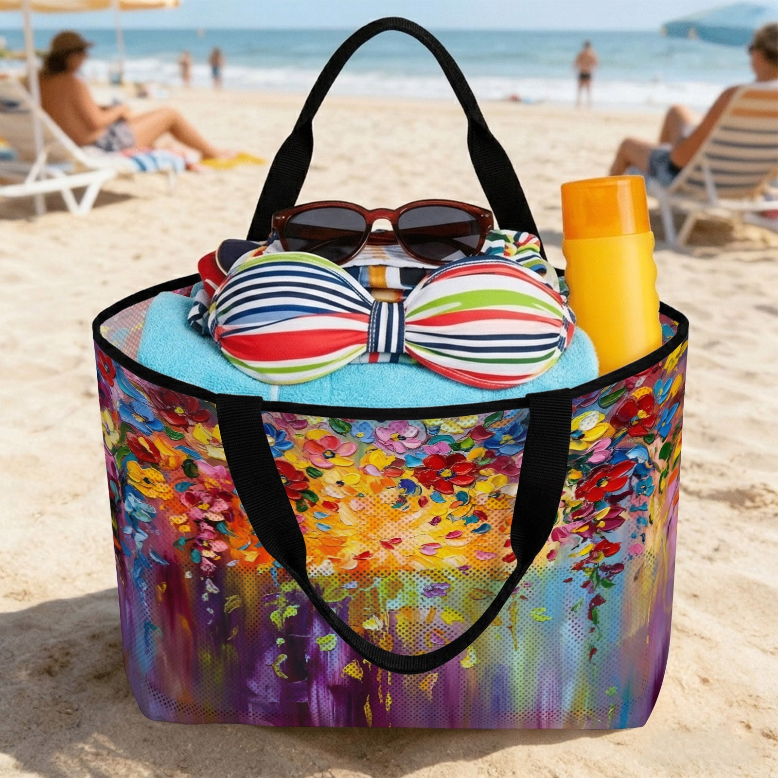Purple Floral Beach Bag for Women, Large Breathable Mesh Beach Tote Bag, Modern Abstract Art Flowers Sandproof Lightweight Travel Bags for Vacation Picnic Swimming Pool 15.7"x15.7"x9.1"