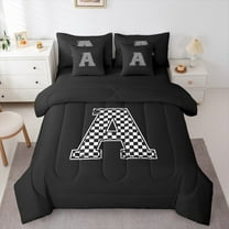 Feelyou Initial A Letter Twin Bedding Sets 7-Piece for Teen, Black White Monogrammed Bedding Comforter Set, Checkered Buffalo Reversible Sheet Sets, Microfiber Bedroom Decor
