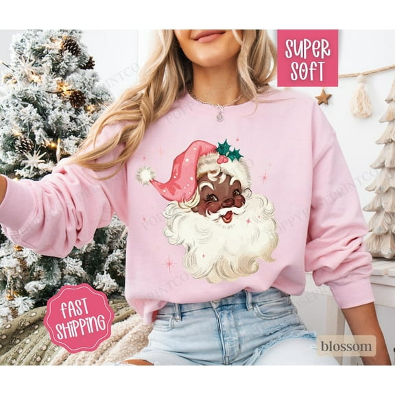 Coquette Black Santa Christmas Sweatshirt, Pink Vintage Merry Christmas Sweater, Holiday Gift for Her