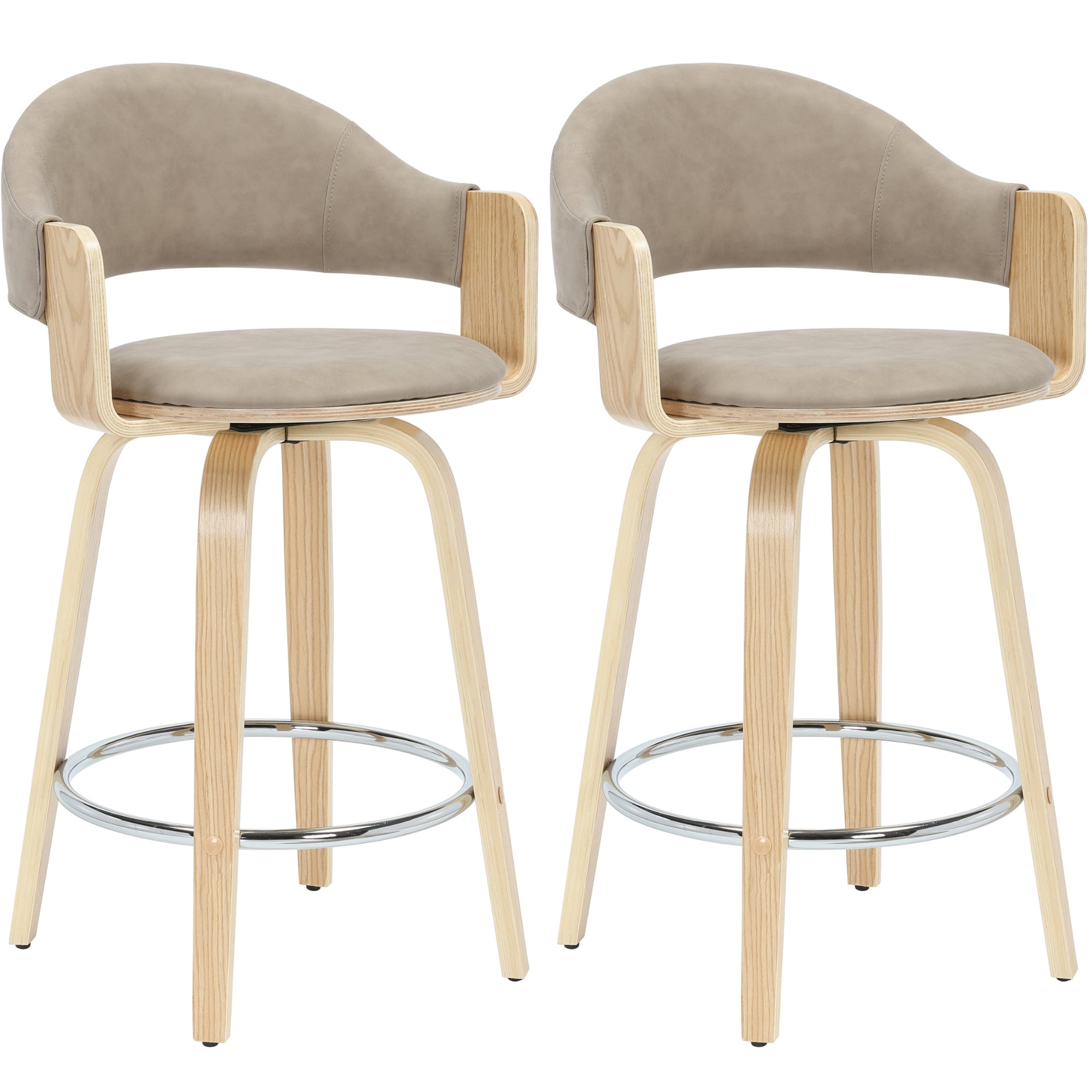 Daxton 36 in. H Swivel Counter Height Vintage Taupe Round Back Wood Bar Stool with Faux Leather Seat Set of 2