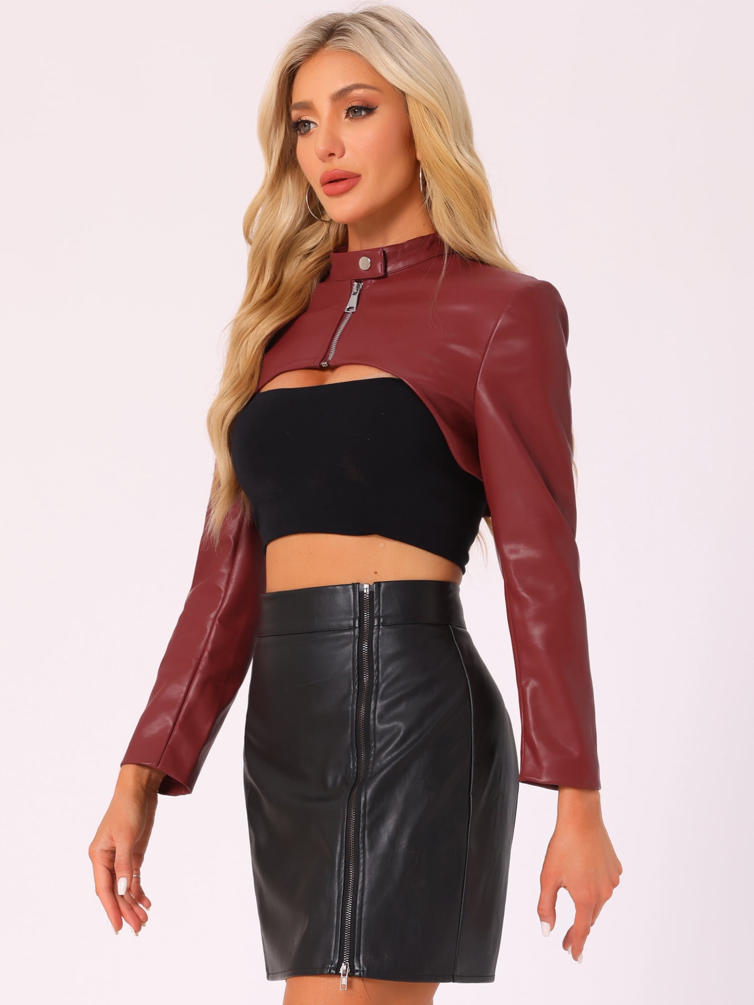 DARING DIVA Women's Faux Leather Cropped Stand Collar Zipper Front Moto Jacket L Dark Red