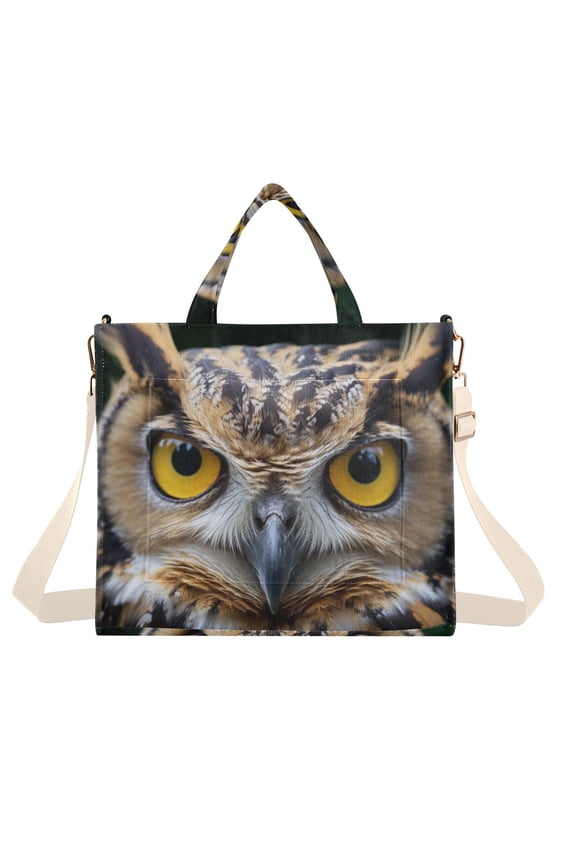 Owl Head Corduroy Tote Bag Handbag Large Messenger Bag Shoulder Crossbody Zipper Bag Purse