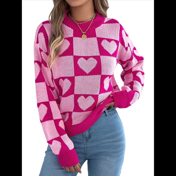 Suéter de Cuello Alto para Mujer, Larga, Bloque, Corazón, Tejido, Otoño Invierno, Jersey de Punto Acanalado. Rosa S