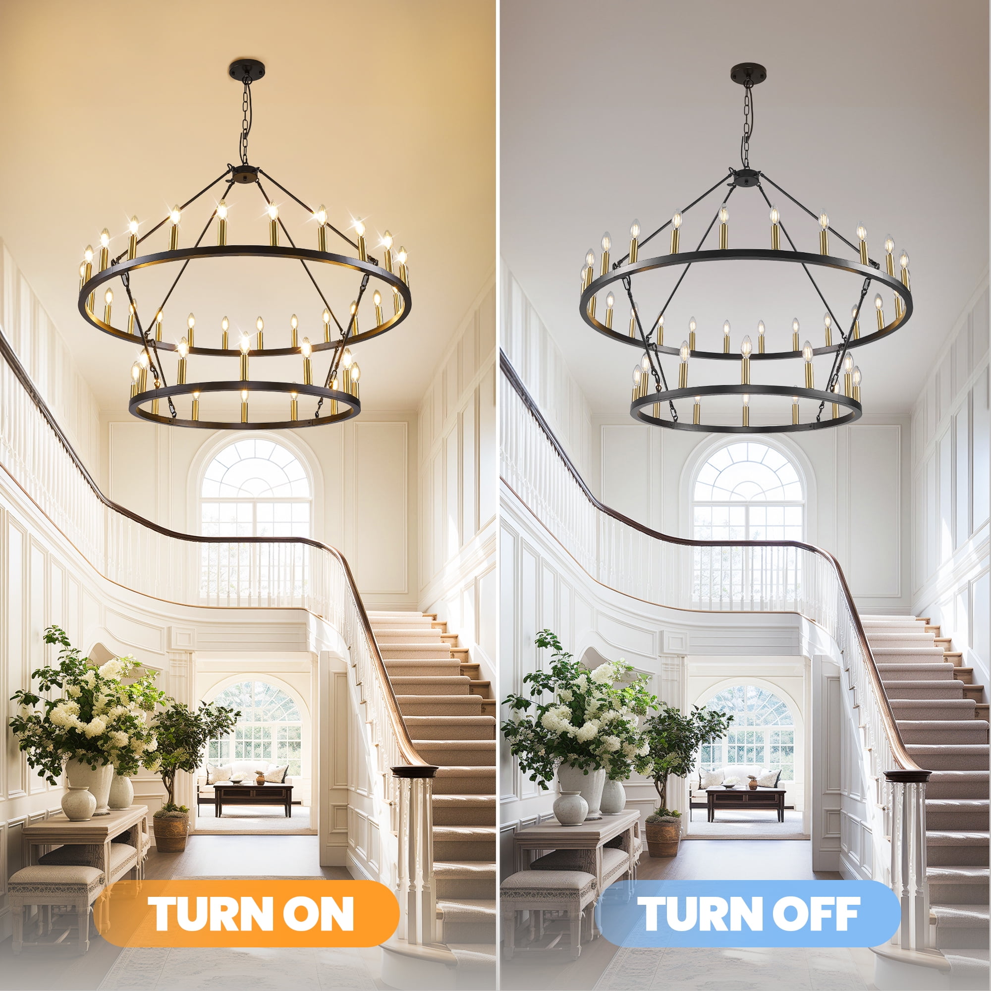 Farmhouse 47'' 2 Layer 36-Light Large Black Gold Wagon Wheel Chandelier for Porch,Entryway,Living Room