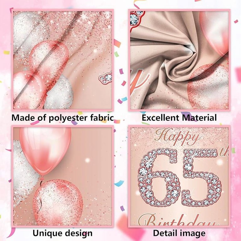 Happy 65th Birthday Party Decorazione Sfondo Banner per Donna Felice 65 Anni di Tessuto Poster Segno Poster, Glitter Rosa Fotografia Sfondo 65 Compleanno Decorazione Tavolo 150x90cm