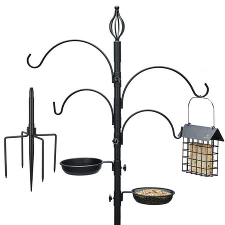 Kingsyard Heavy Duty Bird Feeding Station, 85" Bird Feeder Pole with 5-Prong Base, Multi Feeder Hanging Kit with Metal Suet Feeder and Bird Bath, Attracting Wild Birds, Black