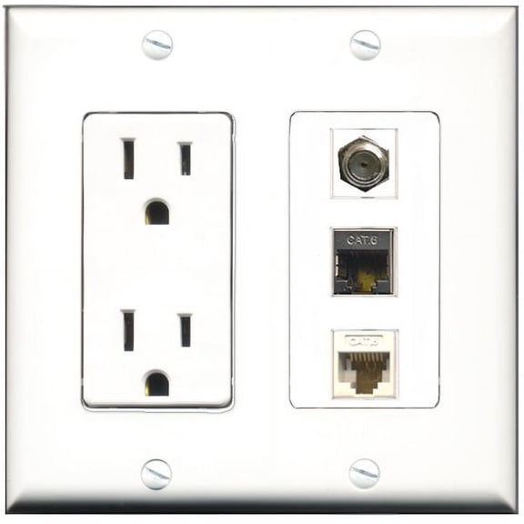RiteAV - 15 Amp Power Outlet 1 Port Coax 1 Port Shielded Cat6 Ethernet Ethernet 1 Port Cat6 Ethernet Ethernet White Decorative Wall Plate