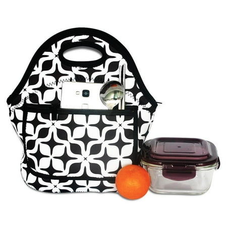 Popeven White&Black Geometric Pattern Waterproof Lunch Bags for Women fashion Reusable Insulated Lunch Boxes for School Work Picnic Travel Neoprene Lunch Tote with Side Pocket Zipper (Best Waterproof Work Bag)