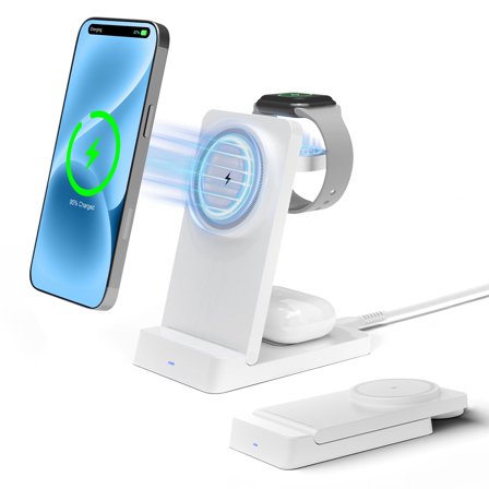 Wireless Charger, 3 in 1 Charging Station for iPhone 17 16 15 14 13 12, for iWatch, for AirPods 4 3 2, 15W Magnetic Charging Pad with Foldable Design, White