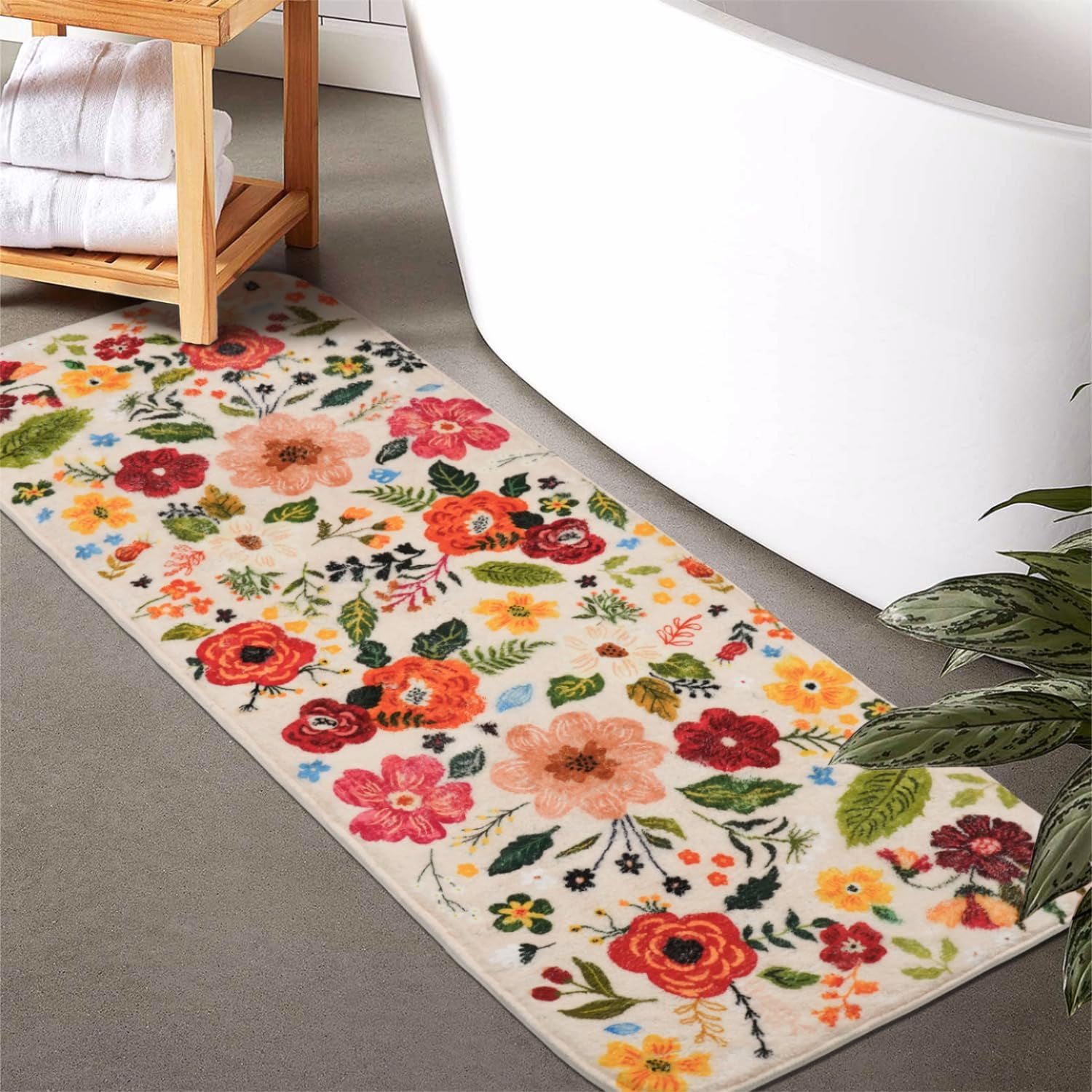 Floral Bathroom Rugs Large Long Bath Mat, Washable Bathroom Runner Rugs 24 x 60 Non Slip, Cute Flower Rug for Bathtub Floor