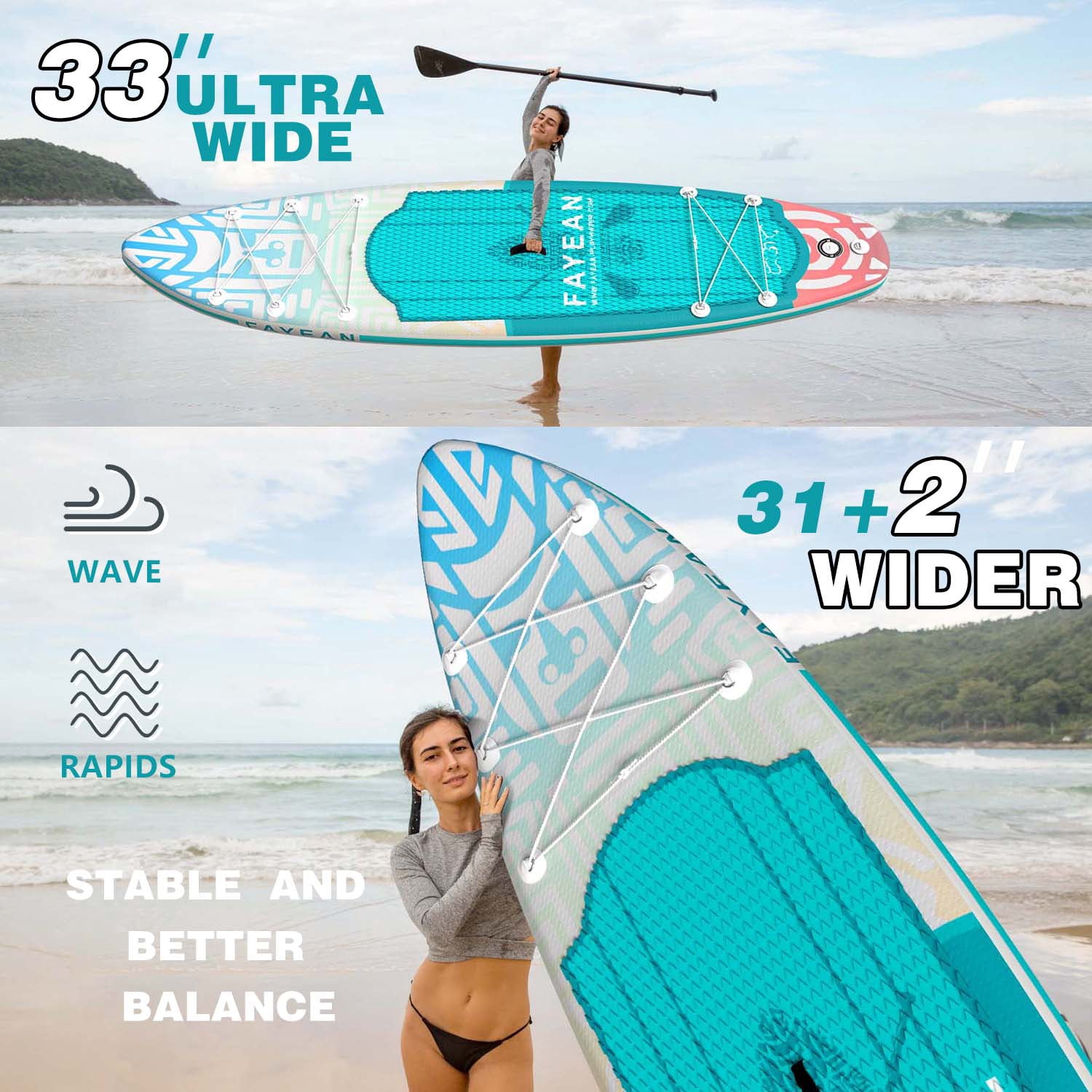 Inflatable Stand Up Paddle Board 10.5’/11’×33”×6” Non-Slip Deck, Complete SUP Accessories for All Skill Levels, Wide Seat & Safety Leash, 3 Fins, Adjustable Paddle, Pump & Backpack