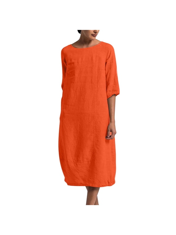 Women Plus Size Summer Cotton Linen Dresses 3/4 Sleeve Crew Neck Solid Color Loose Baggy Kaftan Long Dress with Pockets(Orange,L)