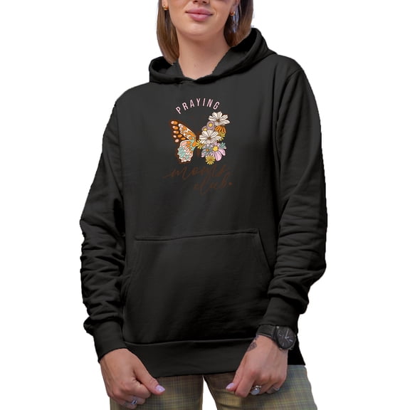 Distressed Retro Praying Moms Club with Butterfly & Flowers Art Merch Gift, Black Hooded Sweatshirt or Hoodie, 2XL