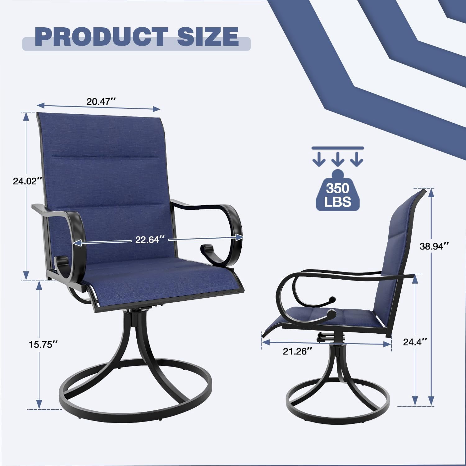 MELLCOM Patio Swivel Chair Set of 2, High Back Padded Textilene Outdoor Dining Chairs with Metal Frame, All-Weather Outdoor Furniture Rocker for Backyard, Navy