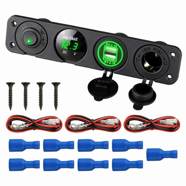 4 in 1 Marine Switch Panel,12V 4.2A Dual USB Charger Socket Power Outlet & LED Voltmeter & Cigarette Lighter Socket & LED Lighted ON Off Rocker Toggle Switch for Truck Car Marine Boat RV
