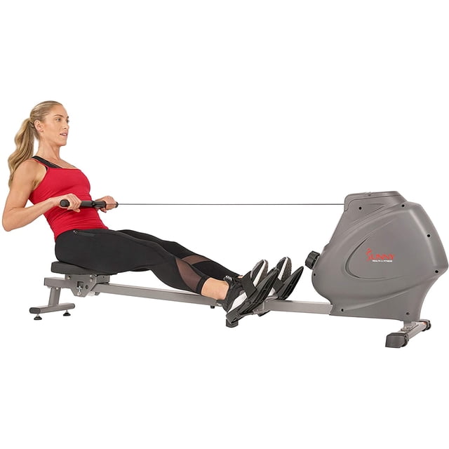 Máquina de Remo Magnética Sunny Health & Fitness SF-RW5801 con Monitor LCD y Soporte para Botellas Riel Deslizante 43pulg Plegable Compacta 285 lb Plateado