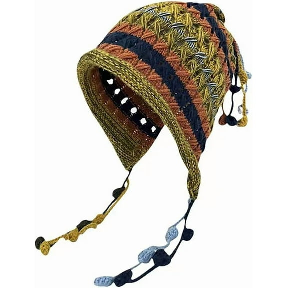 LinYooLi Women Winter Colorful Knit Handmade Crochet Hat Foldable Multicolored Striped Ear Protection Cap Braided Fringe