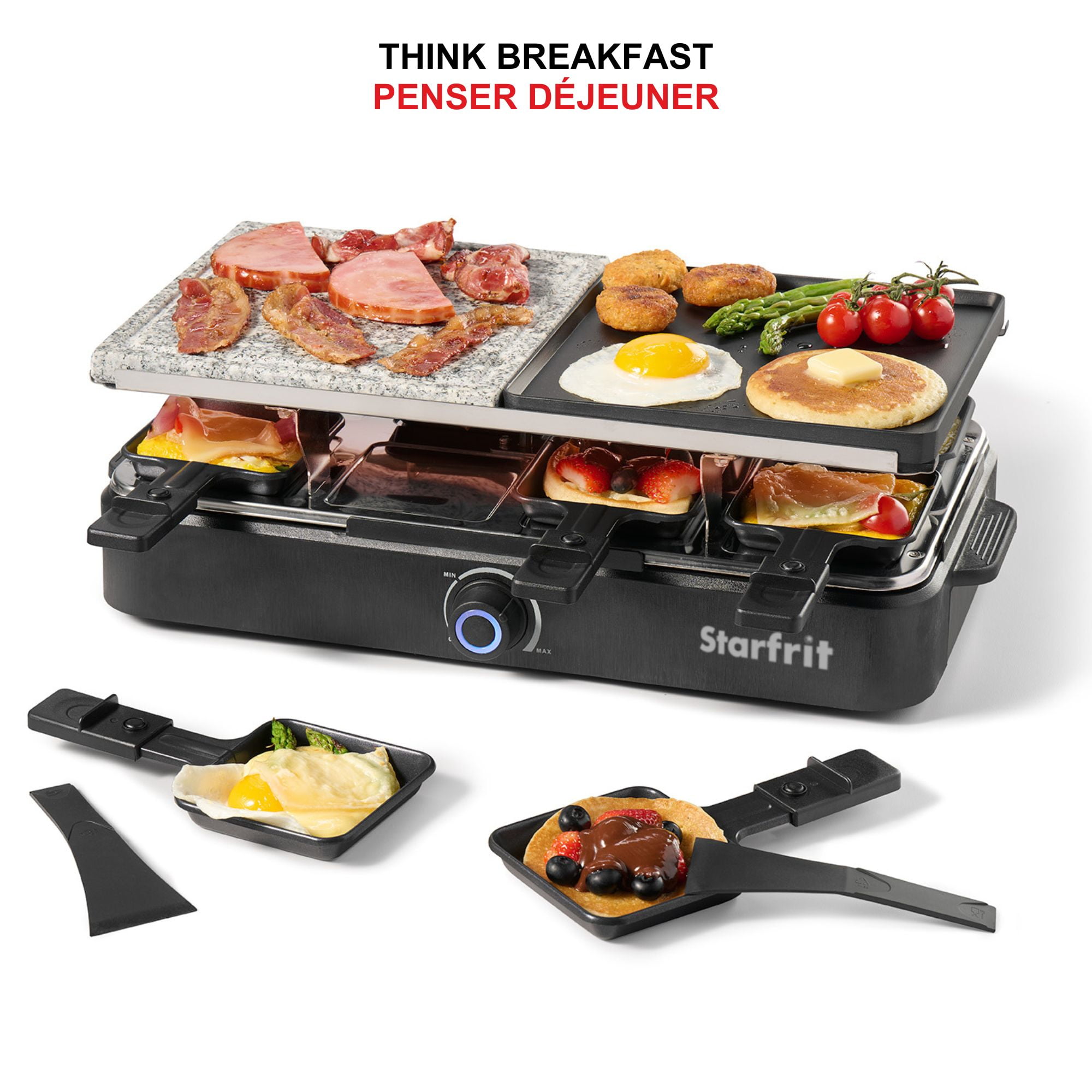 Starfrit 8-Person Raclette Party Grill, 2-in-1 Die-Cast Aluminum & Cooking Stone, Adjustable Temperature, 8 Spatulas & Dishes, 1300W, Hand Wash, Black, 2-in 1 Grill or griddle