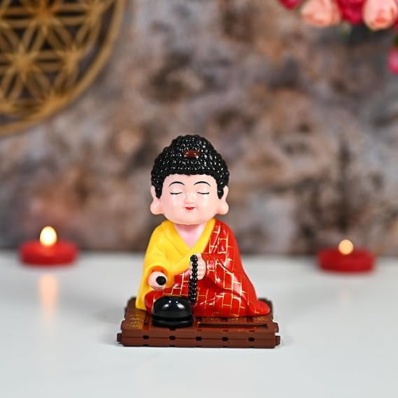 Moving Head Solar Buddha - Solar-Powered Wobble Head Lucky Buddha for Good Luck | Feng Shui Buddha Idol Statue for Car Dashboard, Tabletop, and Home Décor