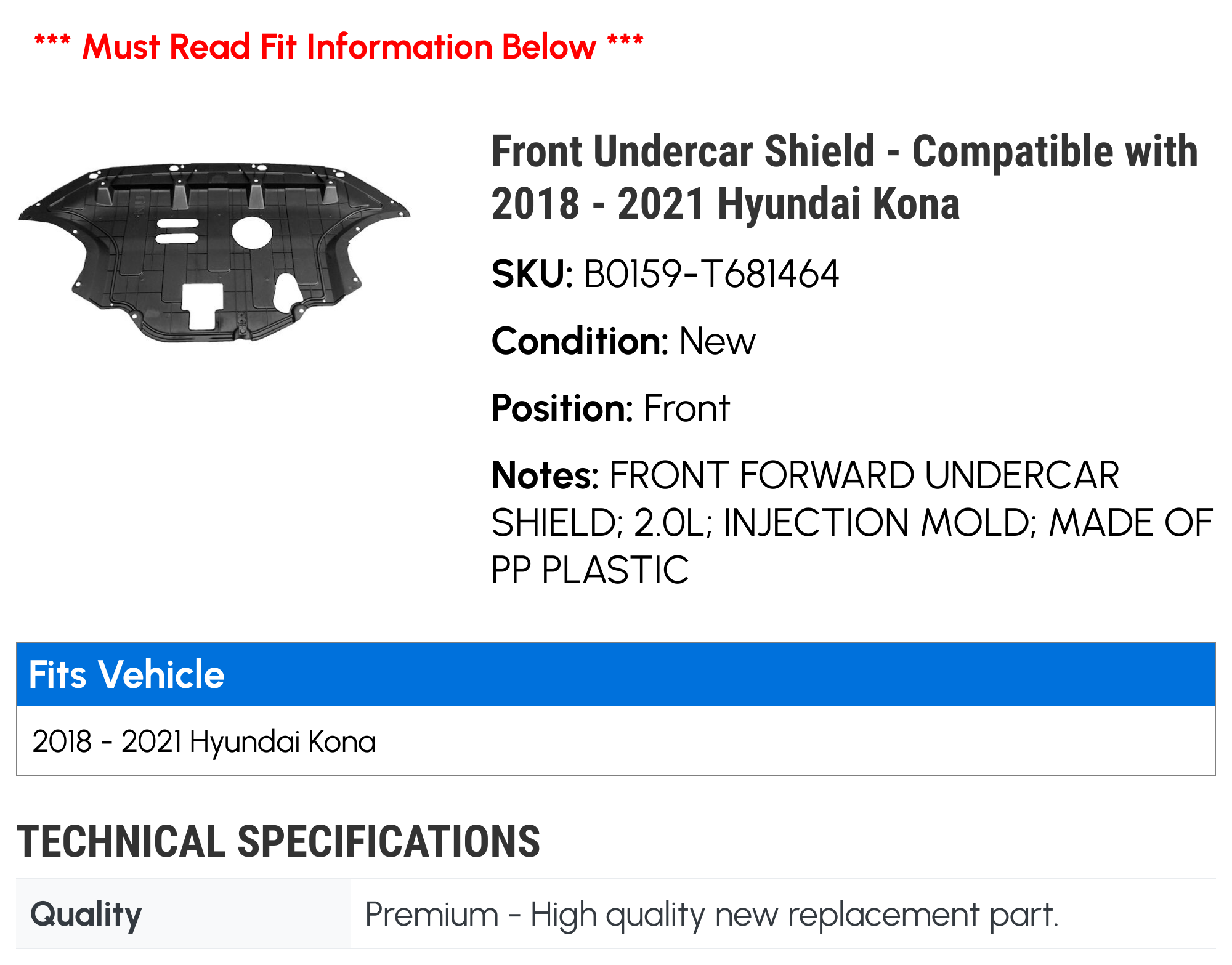 Engine Splash Shield For Hyundai Kona 2018-2021 – Lower Front 2.0L – Evan-Fischer