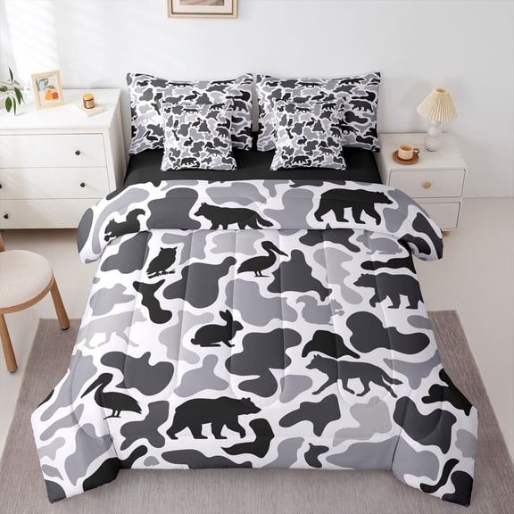Manfei Retro Camo 7-Piece Twin Bedding,Lovely Bear Bedding Comforter Set,White Black,Black Reversible