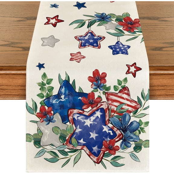 Eucalyptus Flowers Stars Patriotic 4th of July Table Runner, Memorial Day Kitchen Dining Table Decoration for Home Party Decor 13x72 Inch