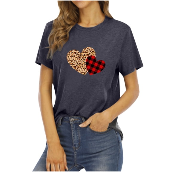 DailyTrove Women's Plaid Heart Patch Short Sleeve T-Shirt - Casual Fitted Tee, Preppy for Valentine's & Outings