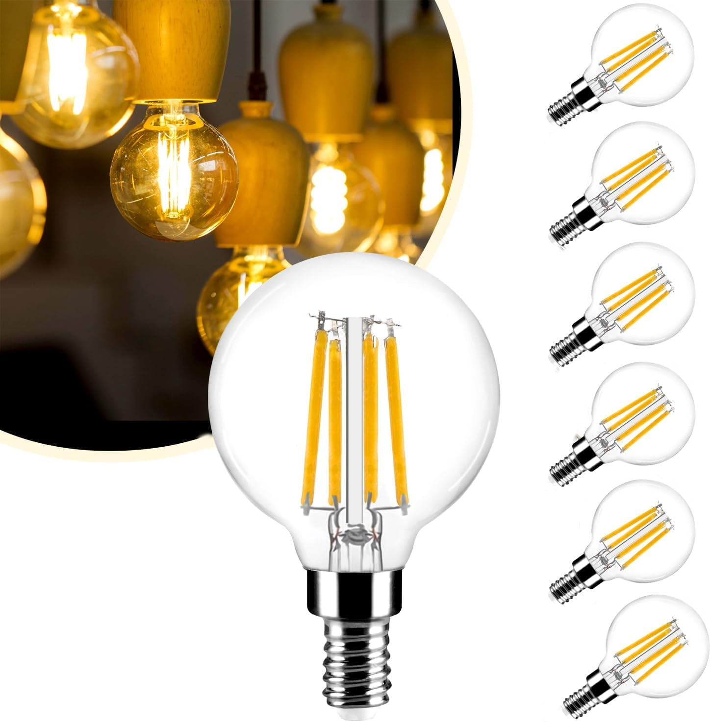 FEFEFW-G16.5 LED Bulb 60w Dimmable 2700k Warm White 5W 120V, 6 Pack High Output Led G16.5 Clear Globe Bulb, No Flicker G 16.5 Round Bulb E12 Candelabra Base Clear Glass for Indoor/Outdoor Lighting.