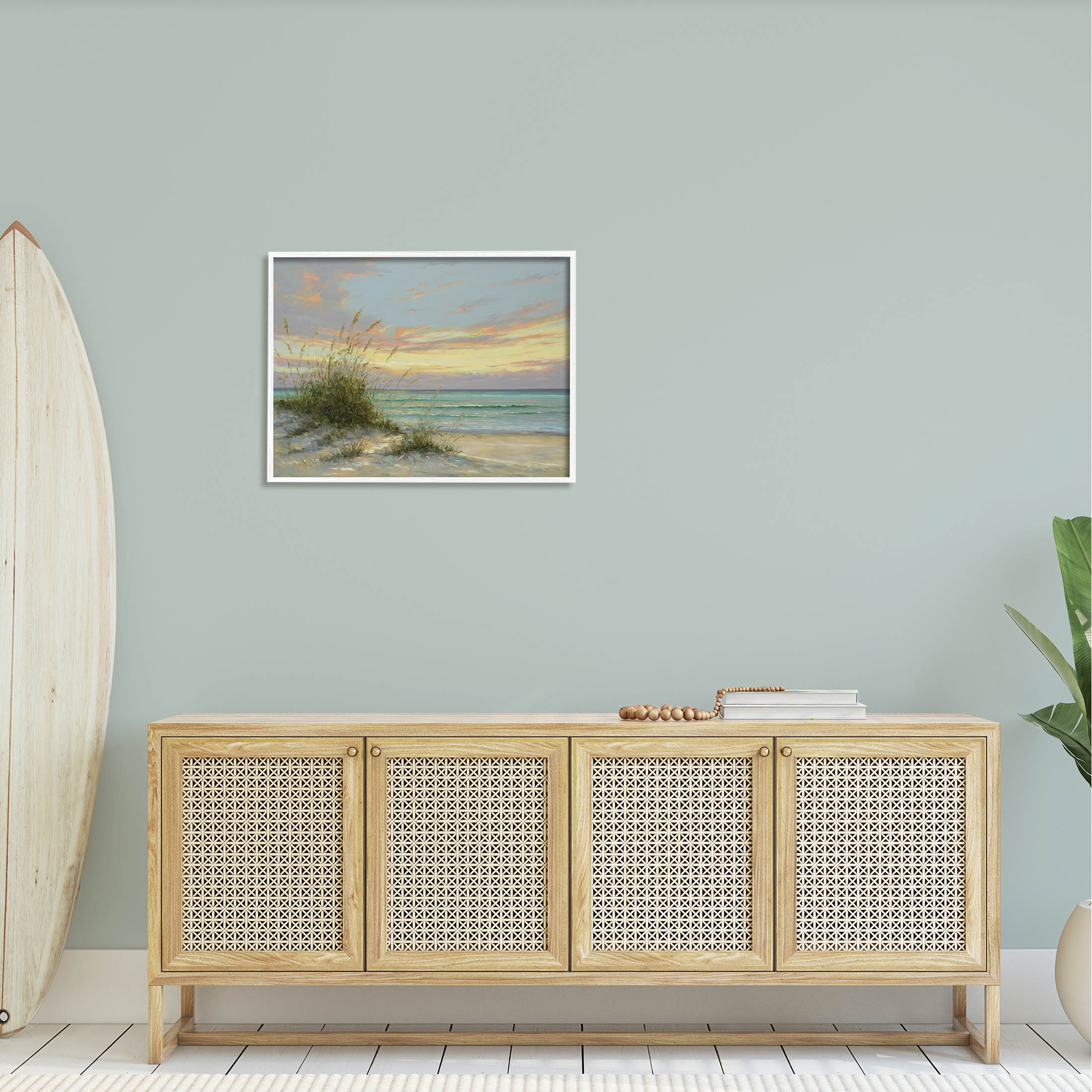 Beach Grass Vivid Sunset Coastal Painting White Framed Art Print Wall Art