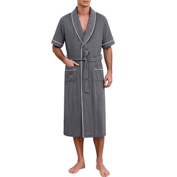 LYEAA Shower Robe for Men Shawl Collar Bathrobes Belted Pocketed Soft Short Sleeves Sleepwear for Shower Pool Home Spa Use Dark Gray 3XL