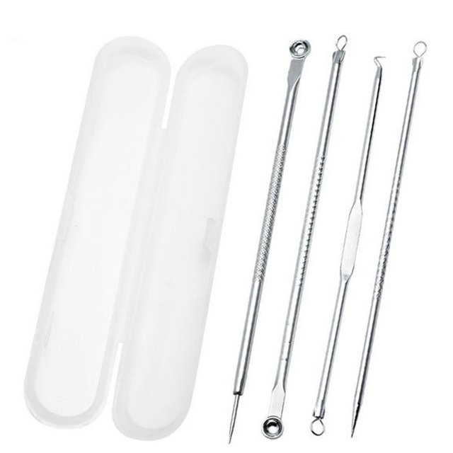 Outil Extracteur de Points Noirs 4 Pcs Kit d'Outils pour Boutons avec Boîte de Rangement Outil Extracteur de Boutons en Acier Inoxydable Outil de Retrait de Points Noirs Risque pour, Équipement de Beauté Argenté