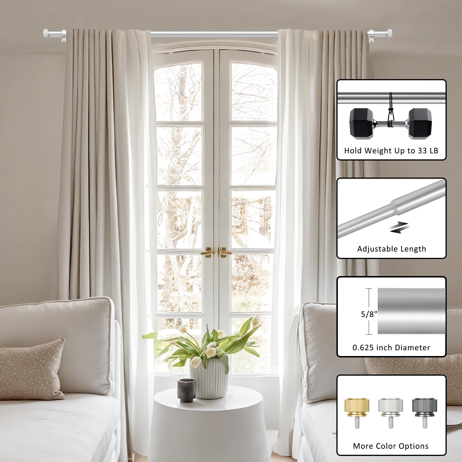 Ridicili 5/8 Inch Adjustable Double Drapery Curtain Rod Set with Vertical Cylinder Finials, 5/8 Inch Front and 1/2 Inch Back Double Window Drapery Rod, 84"-120", Pewter