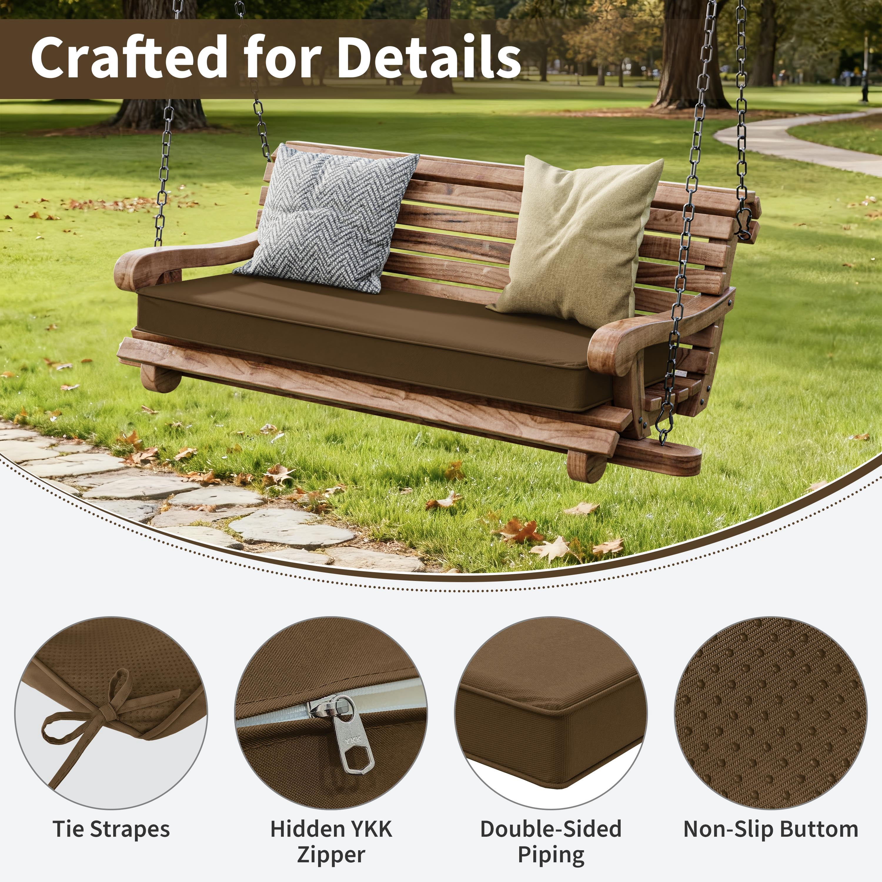 Kimunuk Outdoor Bench Cushions 45 x 18 x 3.5 Inch, High Density Foam Bench Seat Cushion, Porch Swing Cushion with Non-Slip Removable Cover, Chocolate