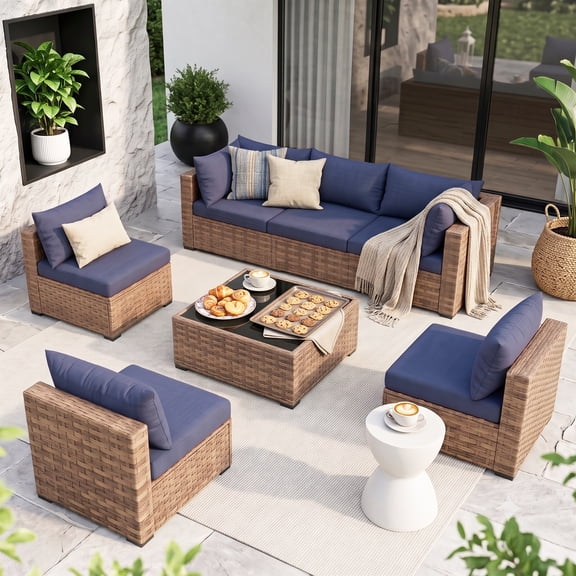 Livipatio Patio Furniture Set, 7 Pieces Outdoor Conversation Set with Rattan Sectional Sofa, Coffee Table for Garden Backyard, Navy Blue