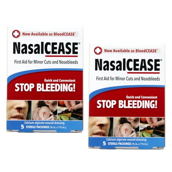 NasalCEASE First Aid Calcium Alginate Wound Dressing for Minor Cuts and Nosebleeds, Twist-or-Fold Insertion and Apply-Pressure Instructions, 5 Sterile Packings (pack of 2)