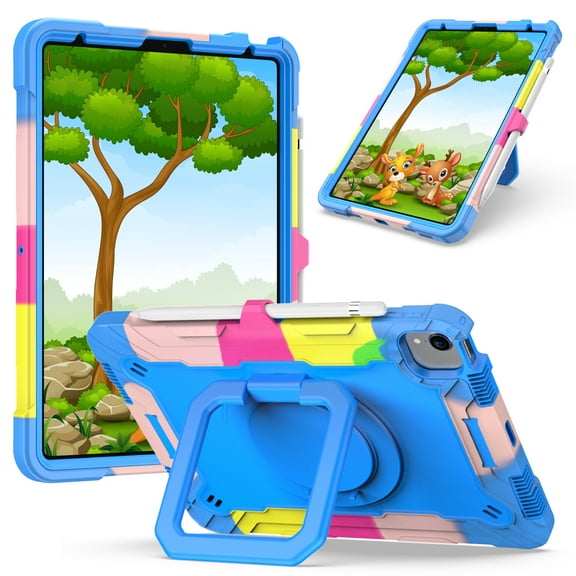 Kids Durable Handle Case for iPad Air 5th/4th Gen 10.9 inch, Silicone PC Heavy Duty Protection [360 Rotating Ring Stand/Adjustable Shoulder Strap] Tablet Case Cover for iPad Air 5th/4th,Blue/Colorful